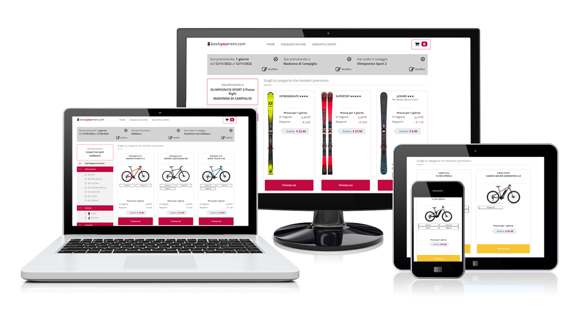 RENT-ALL ski and bike booking engine screen on different devices