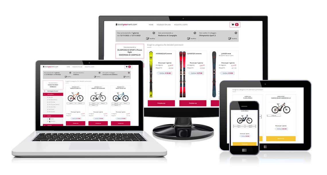 Écran du moteur de réservation de skis et vélos RENT-ALL sur différents appareils
