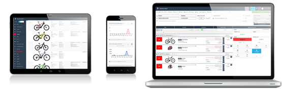 Diversi dispositivi che hanno sullo schermo il software gestionale per noleggi di sci e bici RENT-ALL