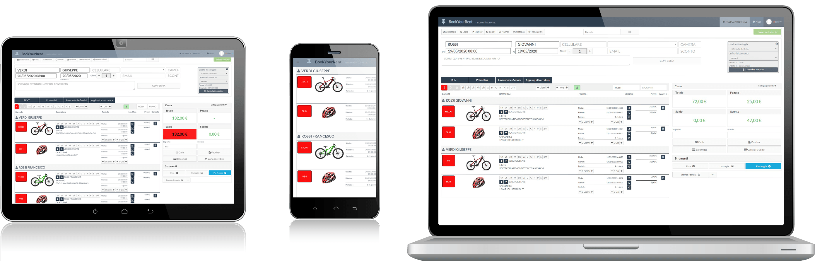 Several devices with RENT-ALL ski and bike rental management software on the screen