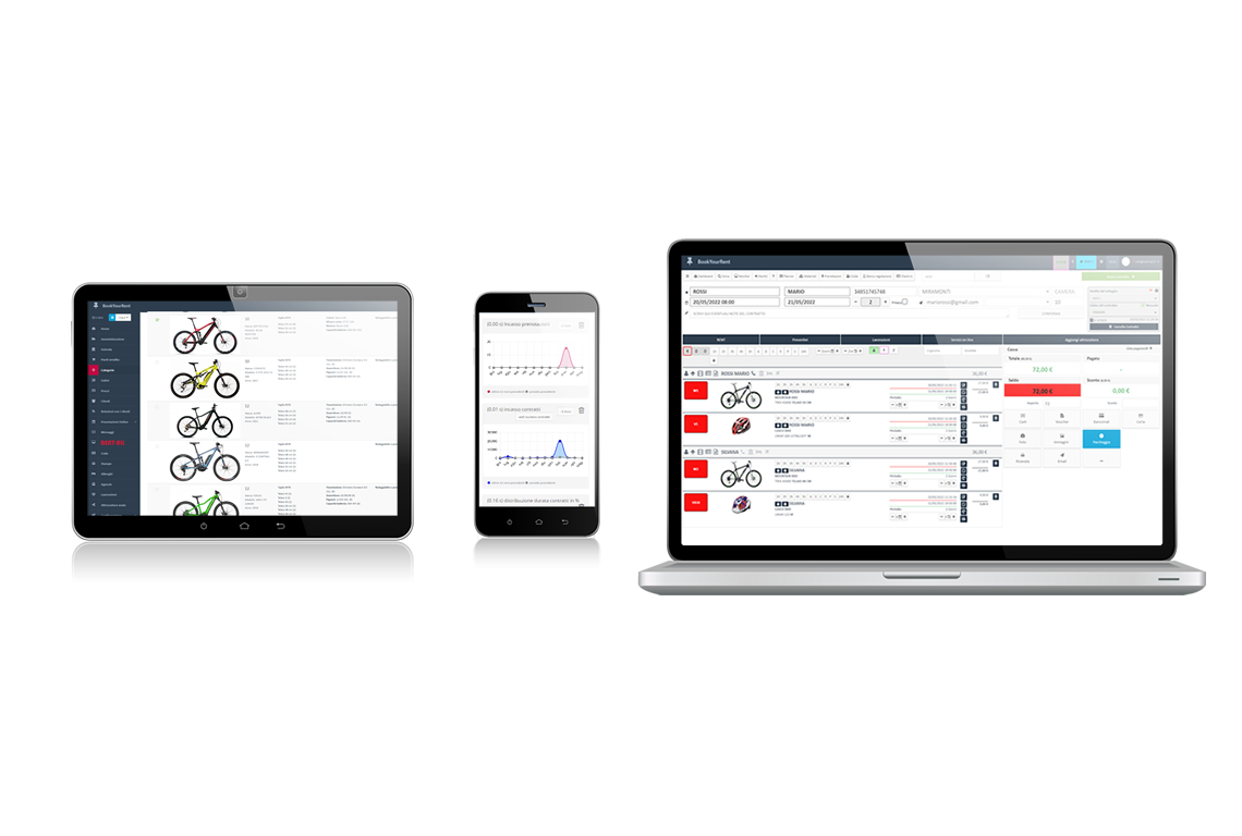 RENT-ALL bike rental management software screen on different devices