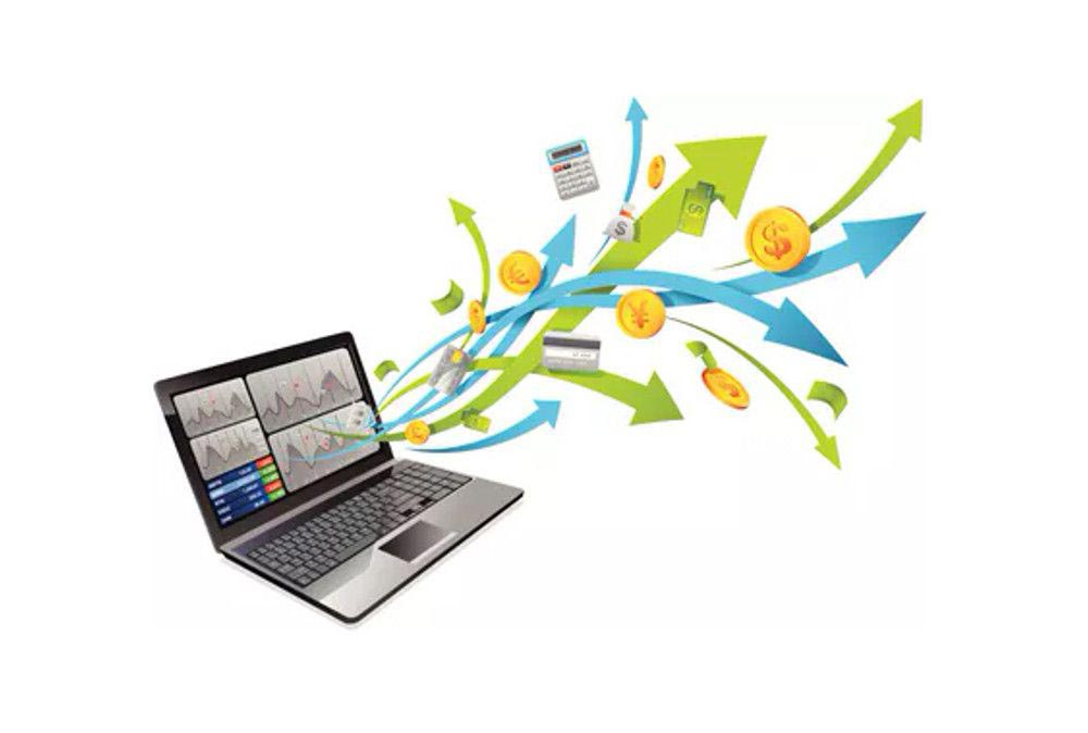 Laptop mit Pfeilen, die aus dem Bildschirm herauskommen