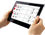 Hands holding up a tablet that has the RENT-ALL booking engine on the screen